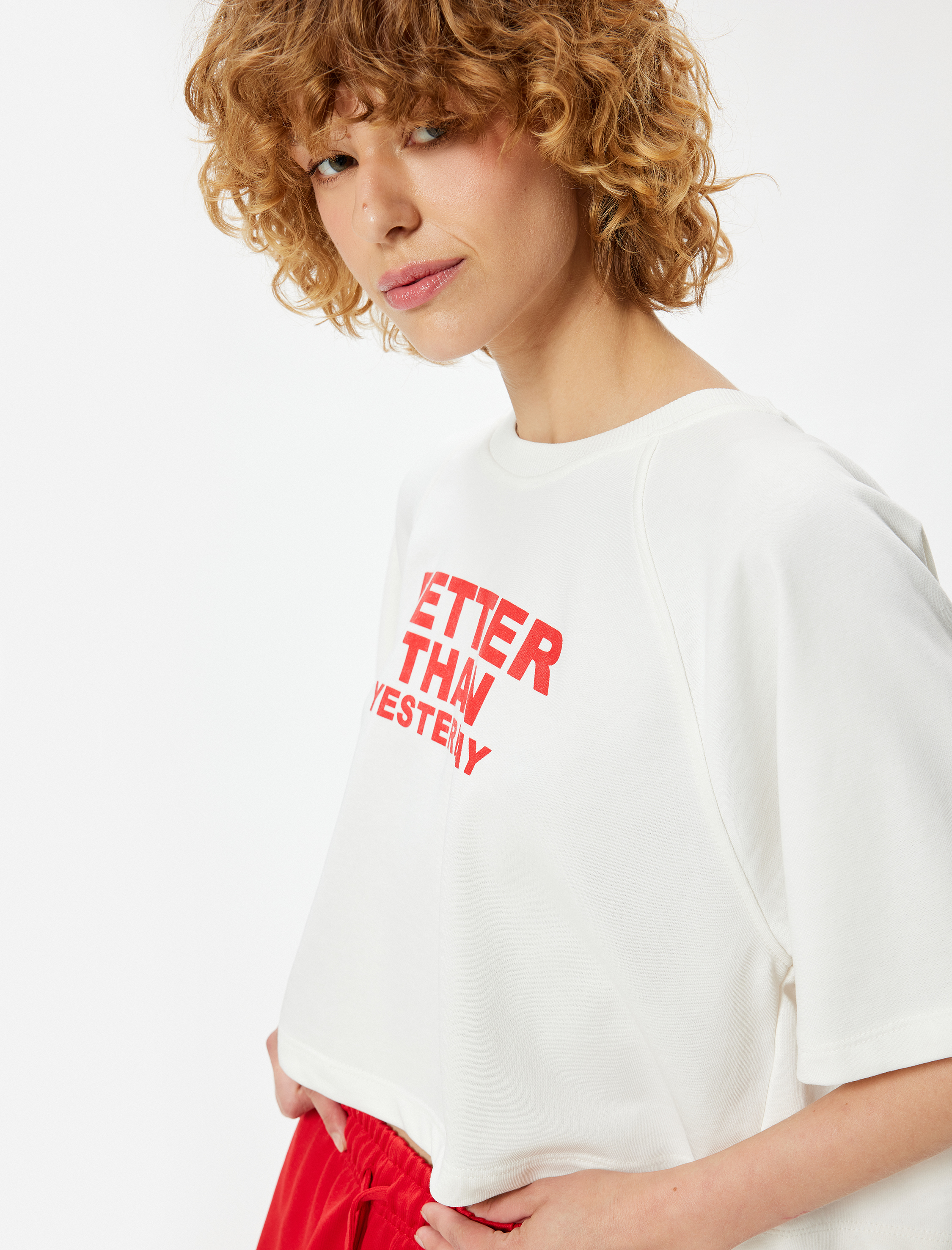   Oversize Slogan Baskılı Kısa Kollu Spor Crop Tişört