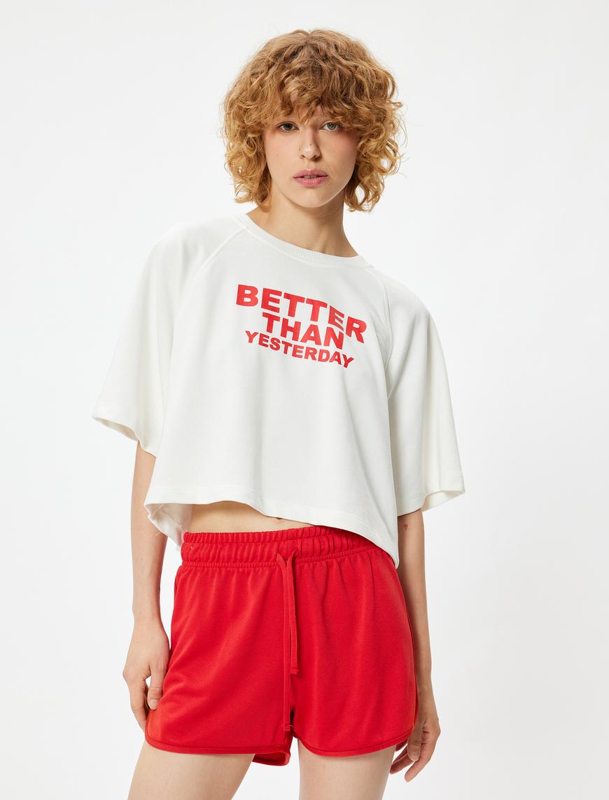   Oversize Slogan Baskılı Kısa Kollu Spor Crop Tişört