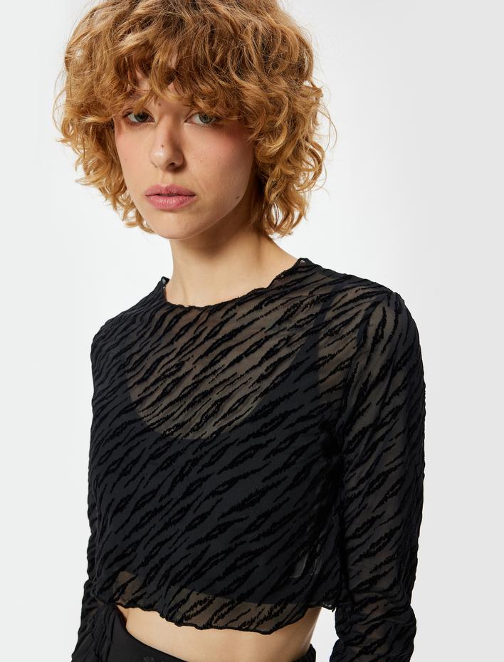  Uzun Kollu Bisiklet Yaka Zebra Desenli Crop Üst