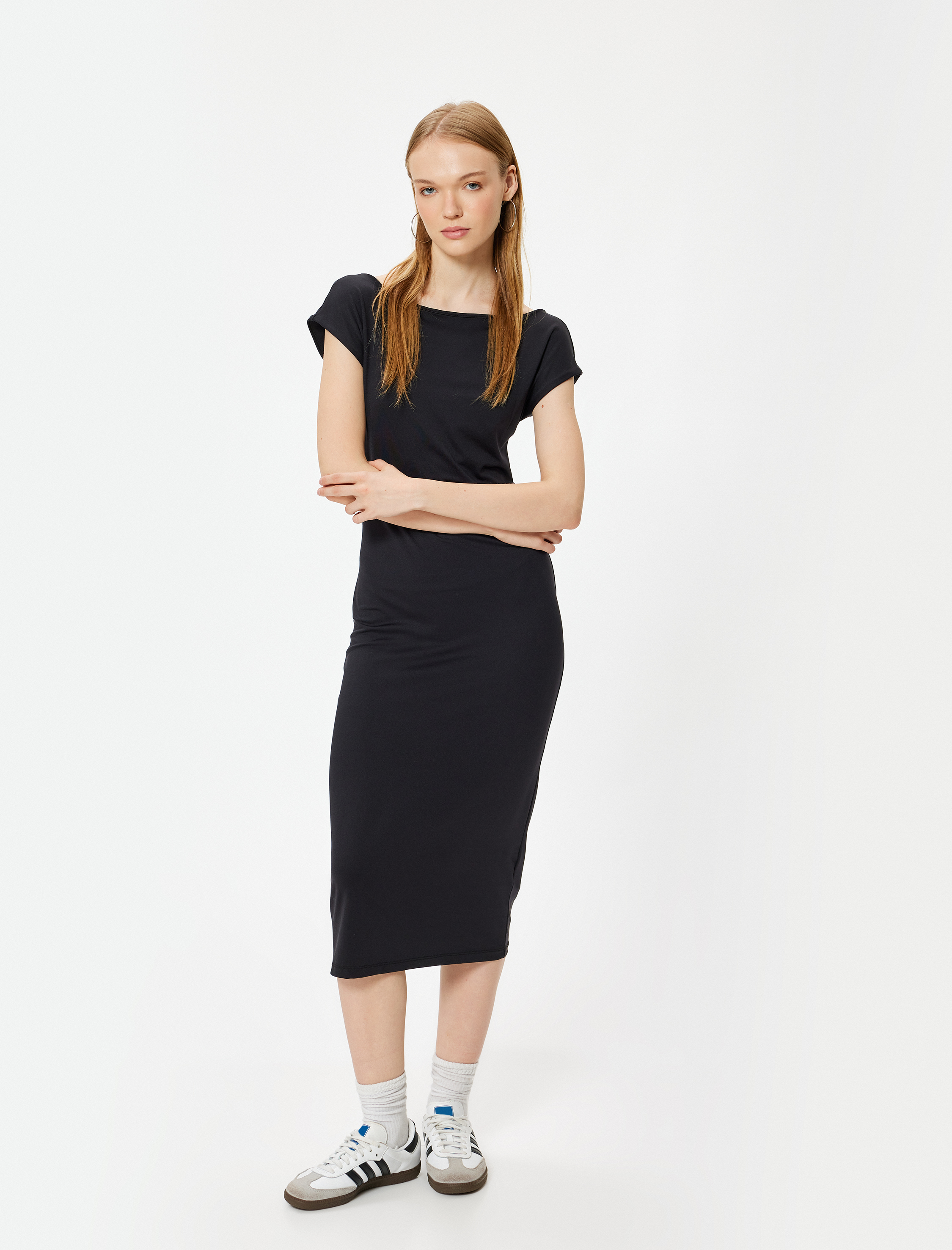 Kalem Elbise Midi Boy Slim Fit Kısa Kollu Kayık Yaka