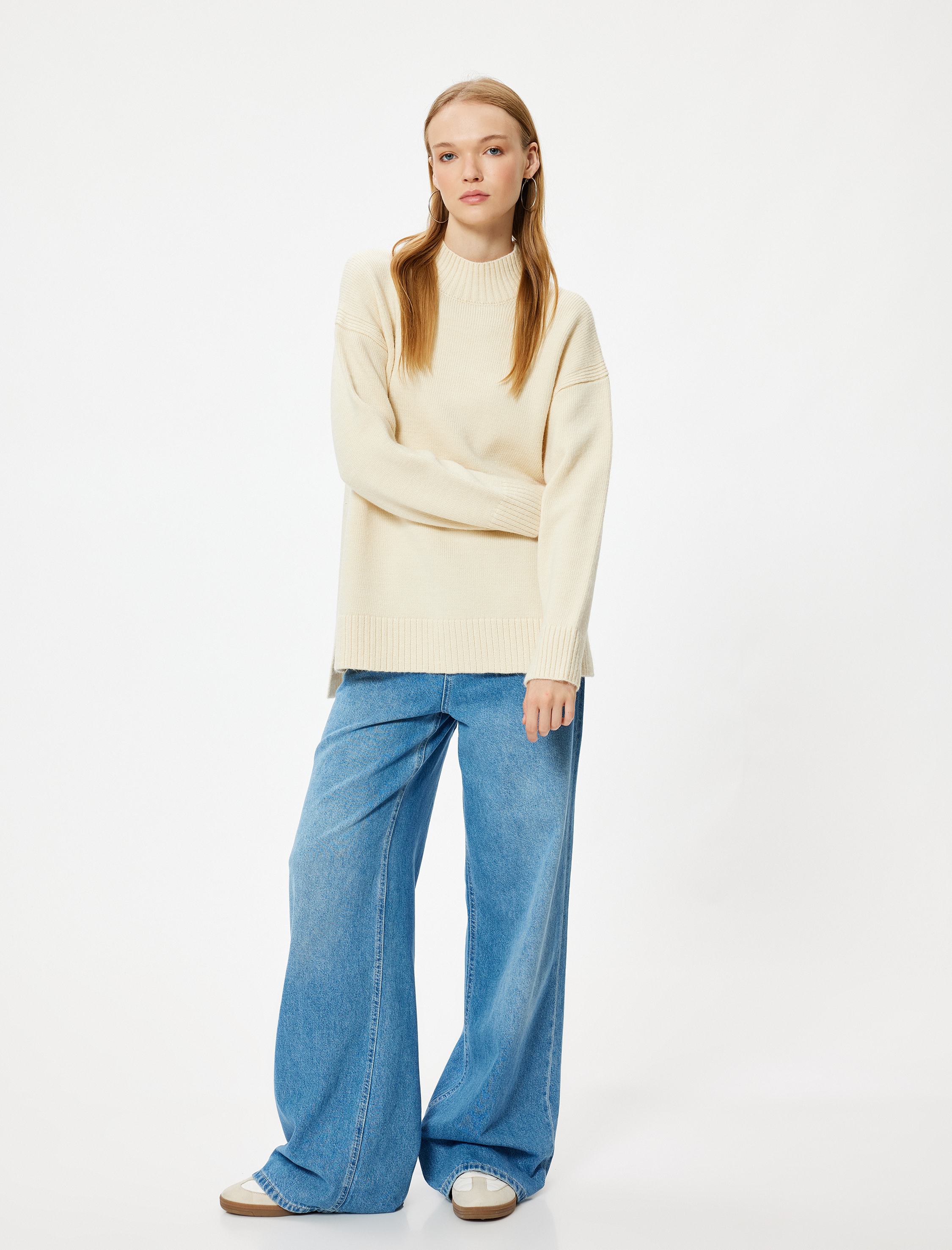 Triko Tunik Kazak Dik Yaka Uzun Kollu Rahat Kalıp