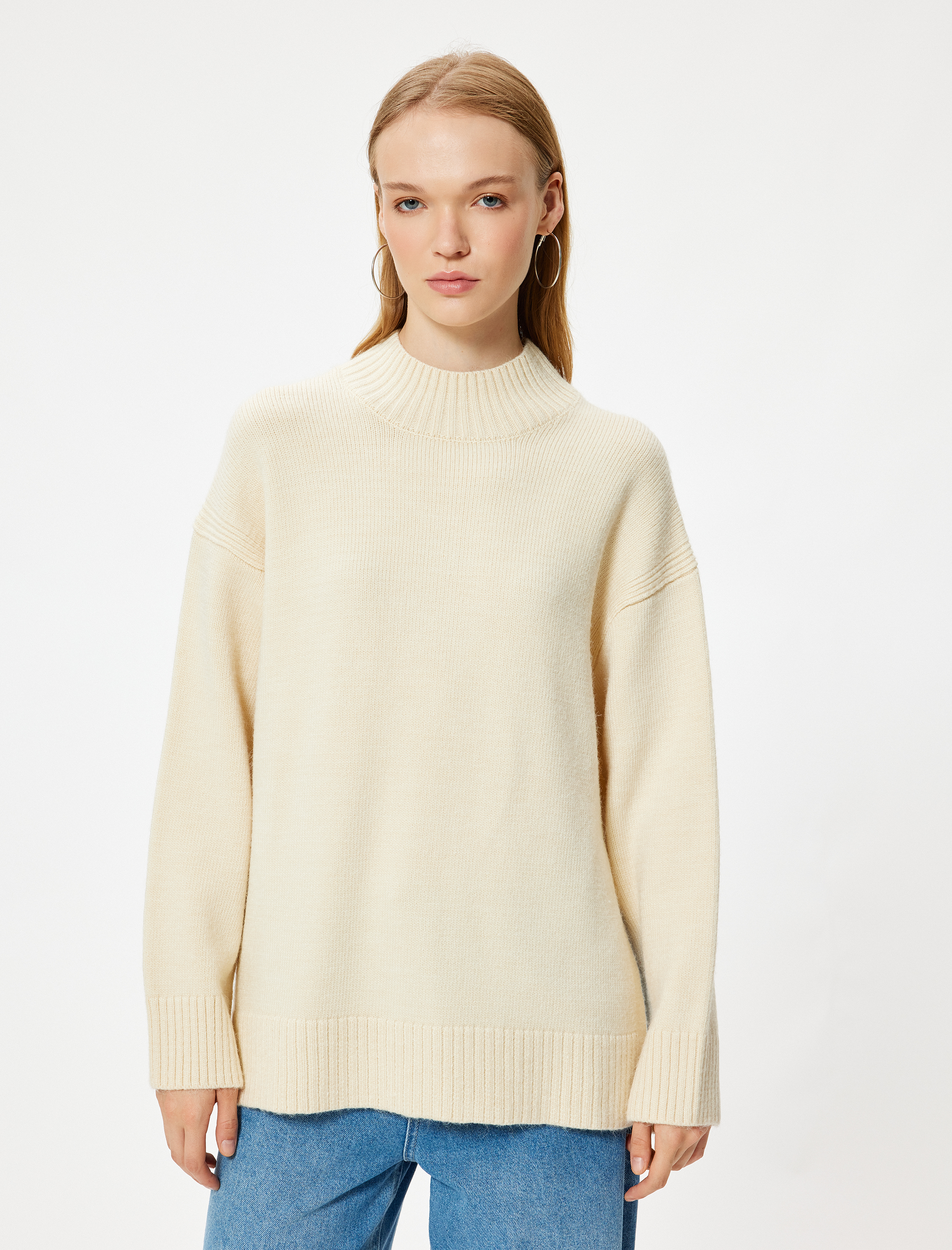 Triko Tunik Kazak Dik Yaka Uzun Kollu Rahat Kalıp