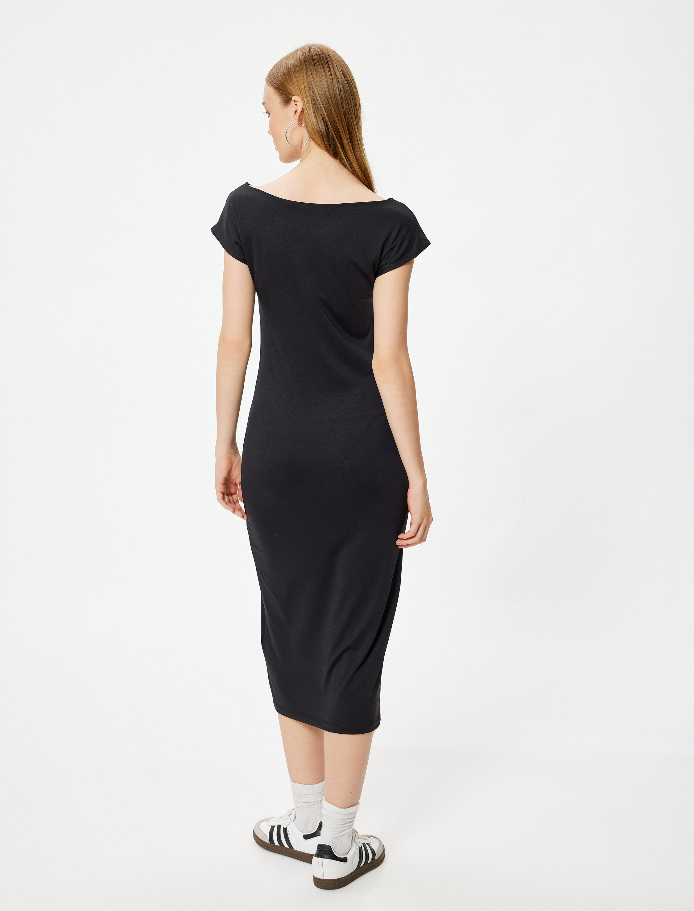 Kalem Elbise Midi Boy Slim Fit Kısa Kollu Kayık Yaka