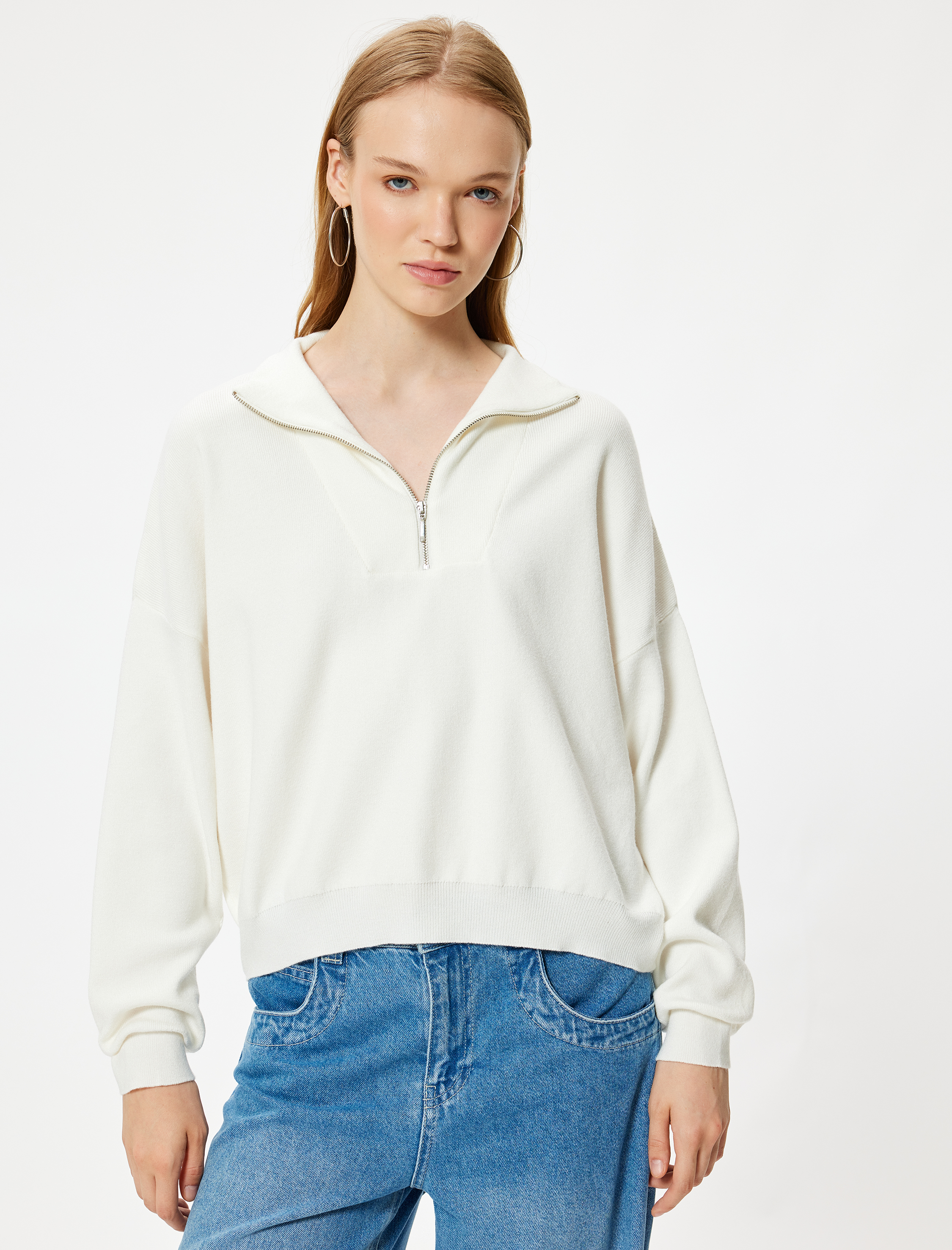   Yarım Fermuarlı Viskon Karışımlı Triko Kazak