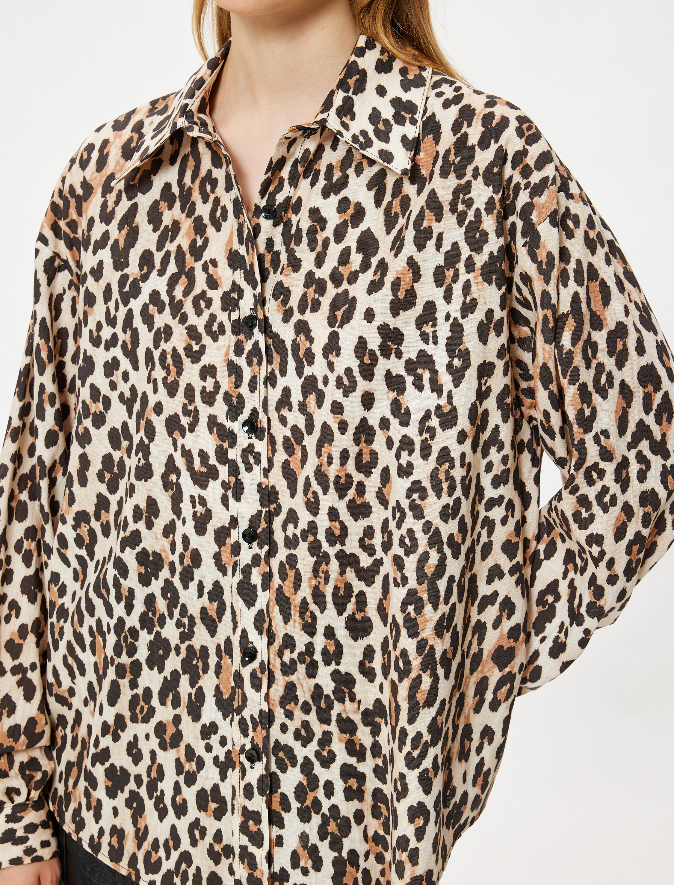   Oversize Gömlek Leopar Desenli Düğmeli Klasik Yaka Uzun Kollu