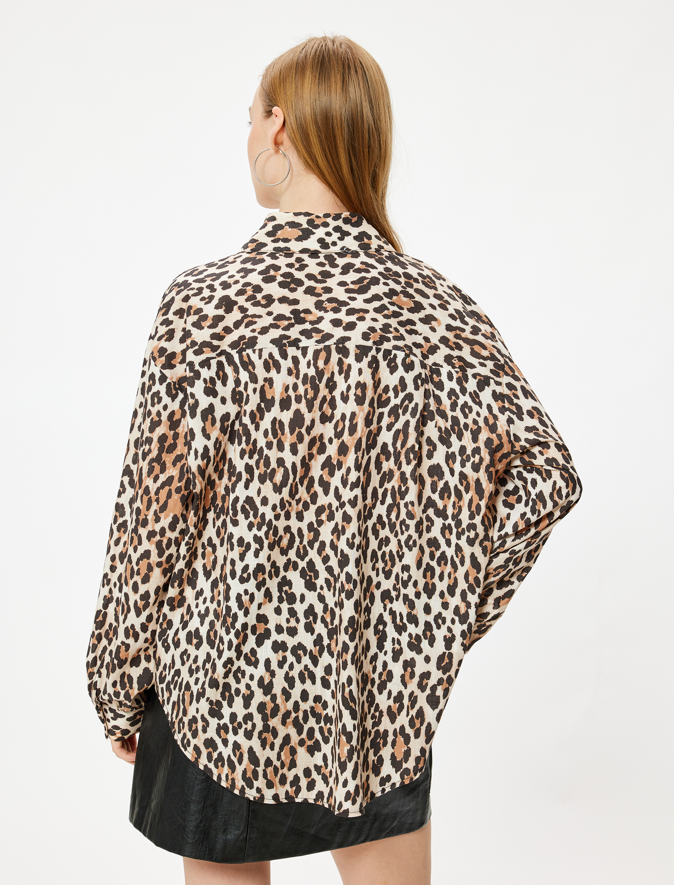   Oversize Gömlek Leopar Desenli Düğmeli Klasik Yaka Uzun Kollu