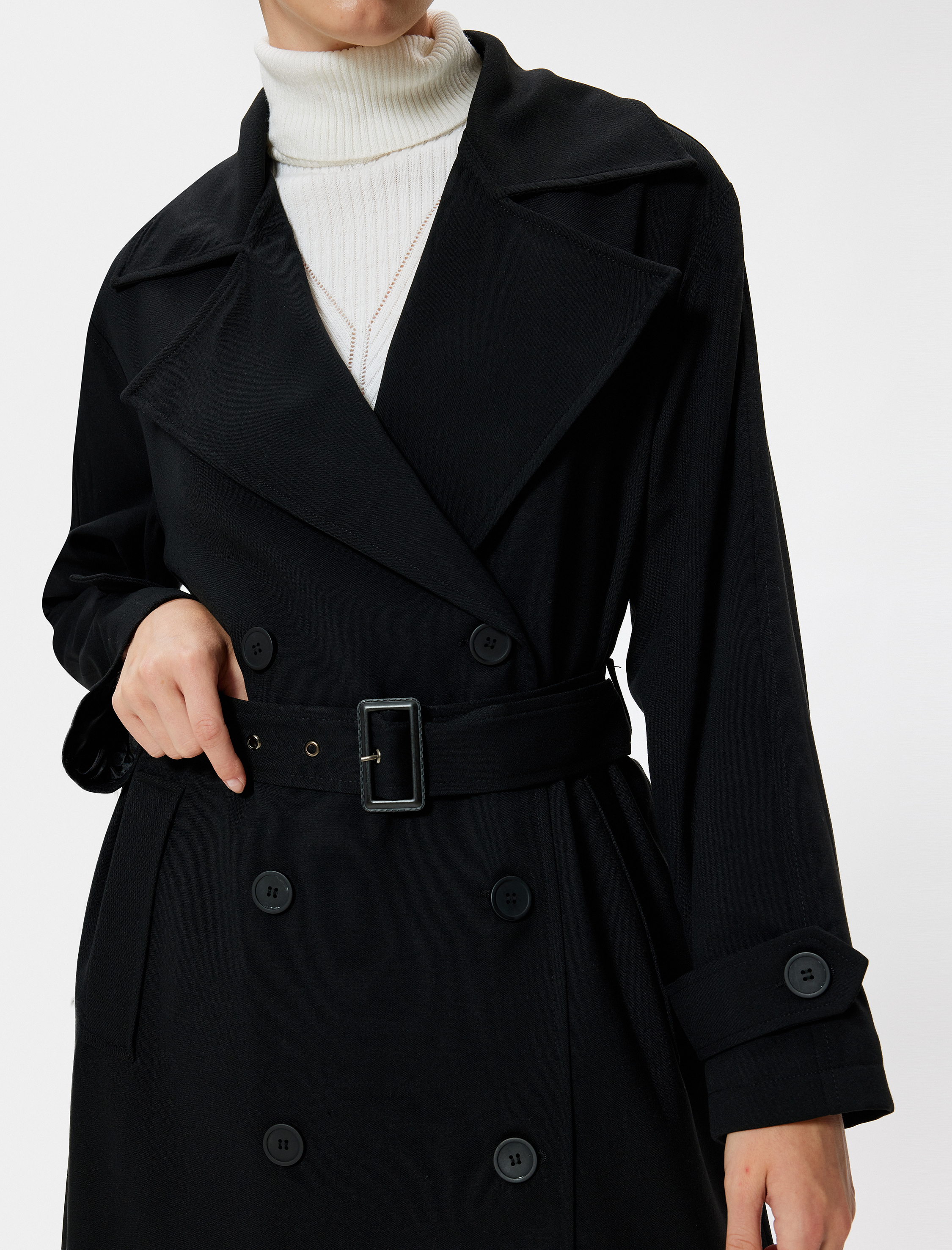   Kruvaze Düğmeli Cepli Uzun Trençkot