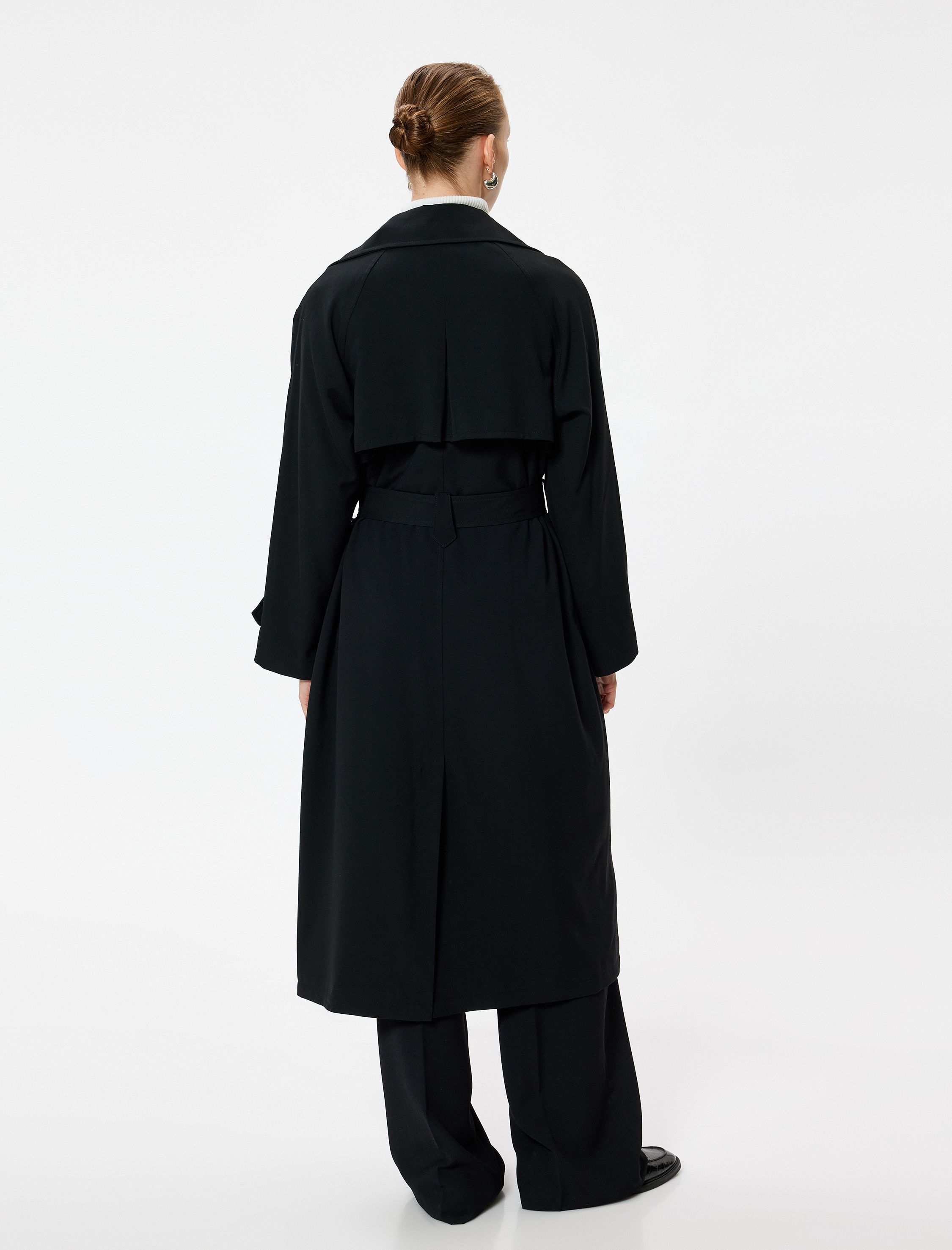   Kruvaze Düğmeli Cepli Uzun Trençkot