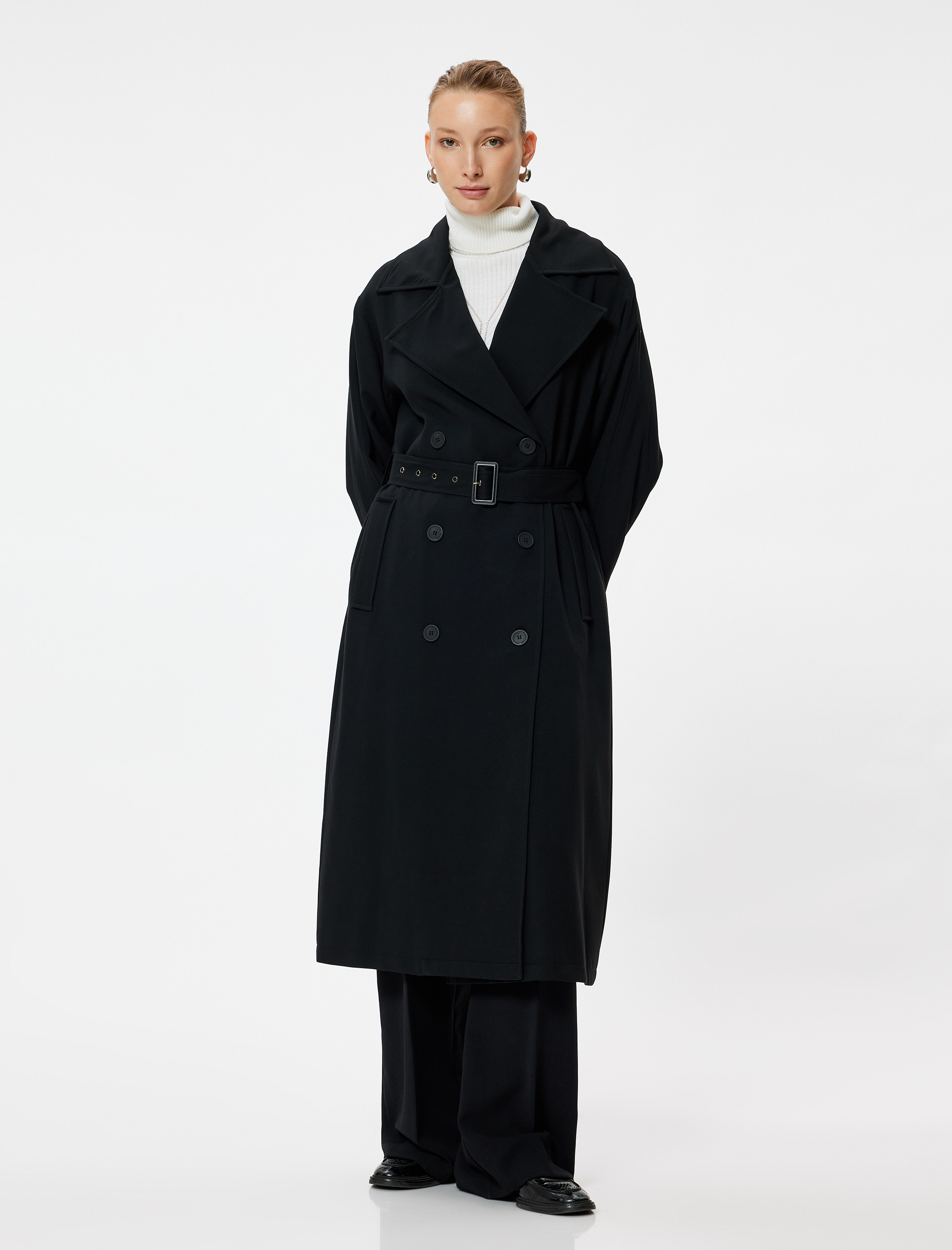   Kruvaze Düğmeli Cepli Uzun Trençkot