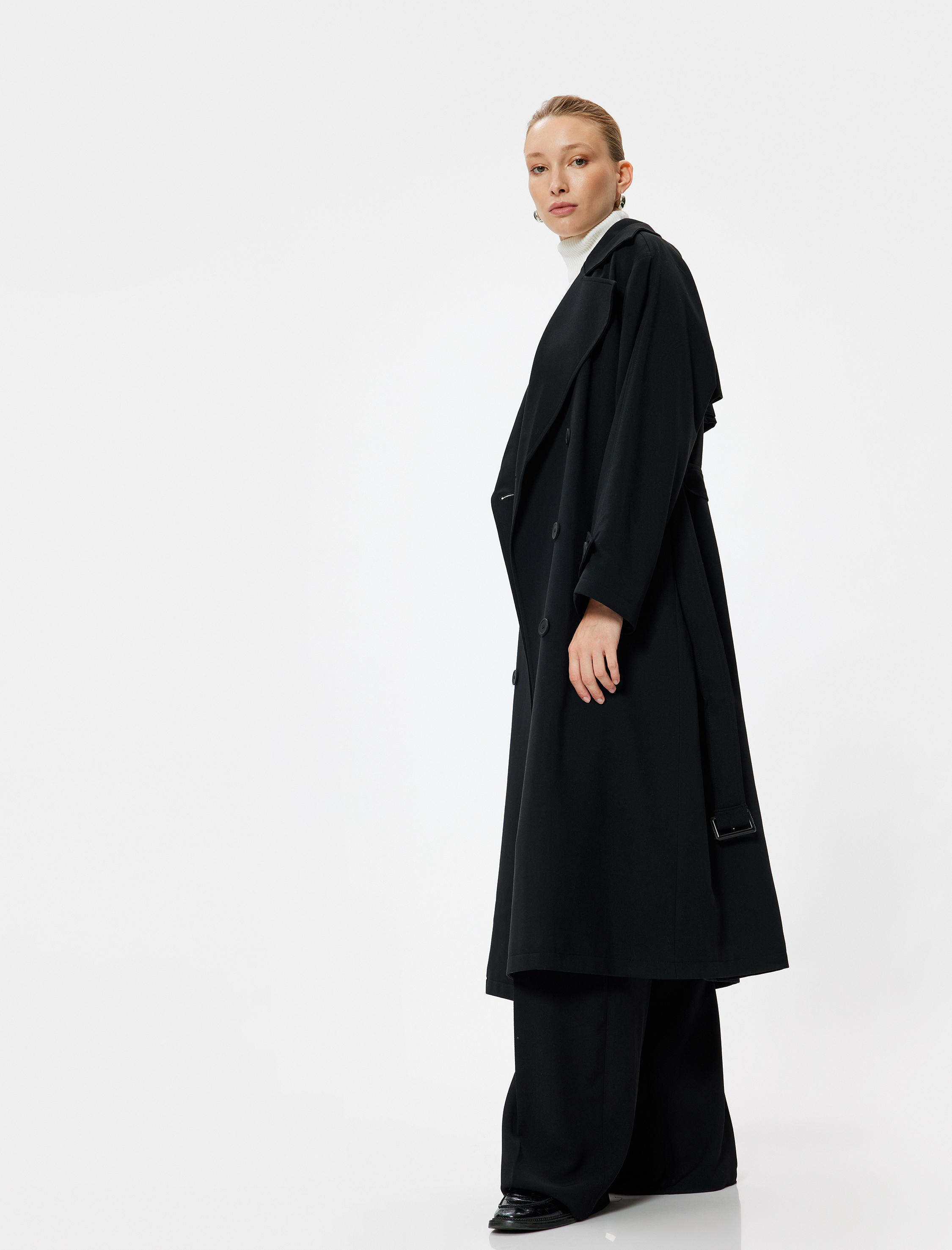   Kruvaze Düğmeli Cepli Uzun Trençkot