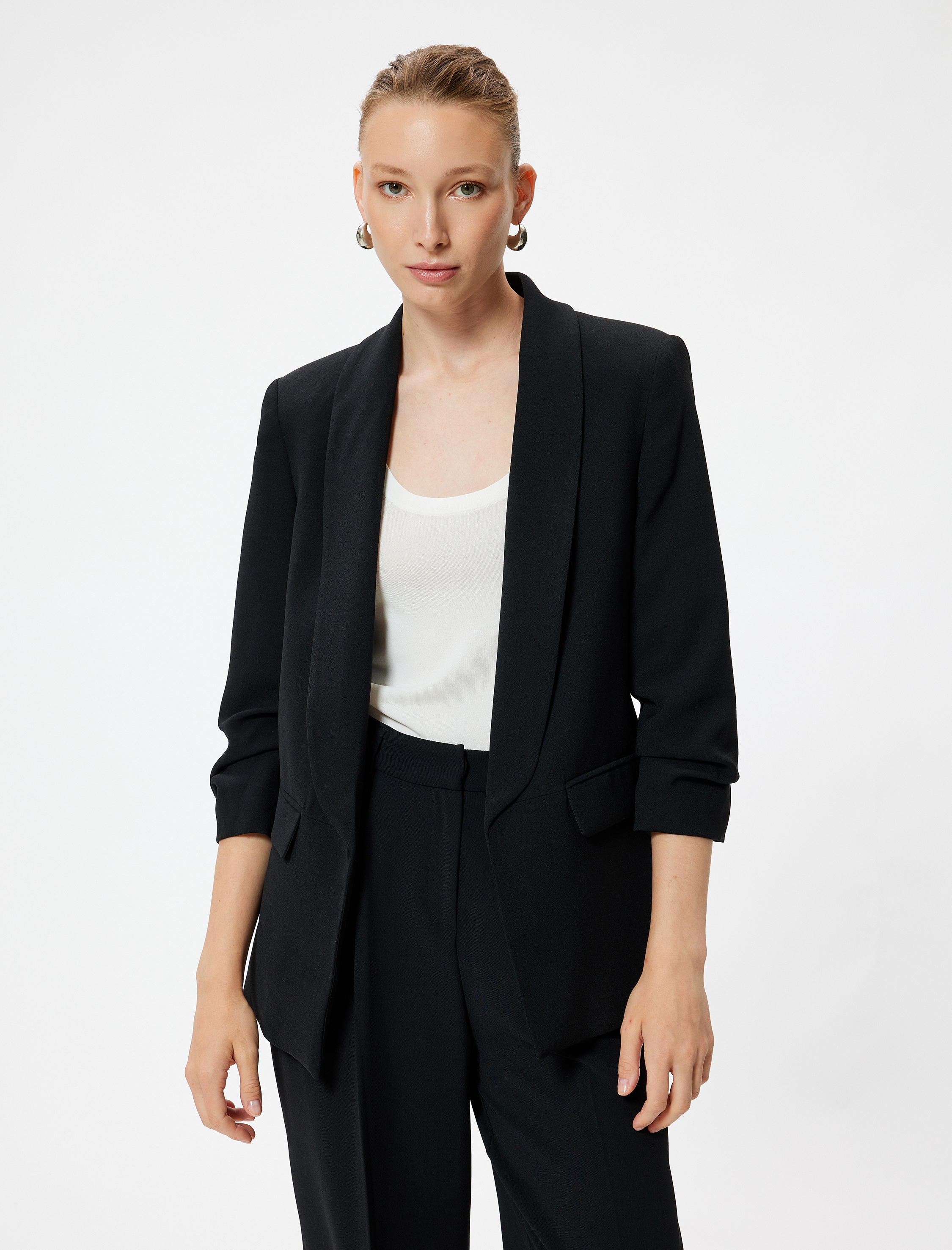   Kapaklı Cep Detaylı 3/4 Kol Kruvaze Blazer Ceket