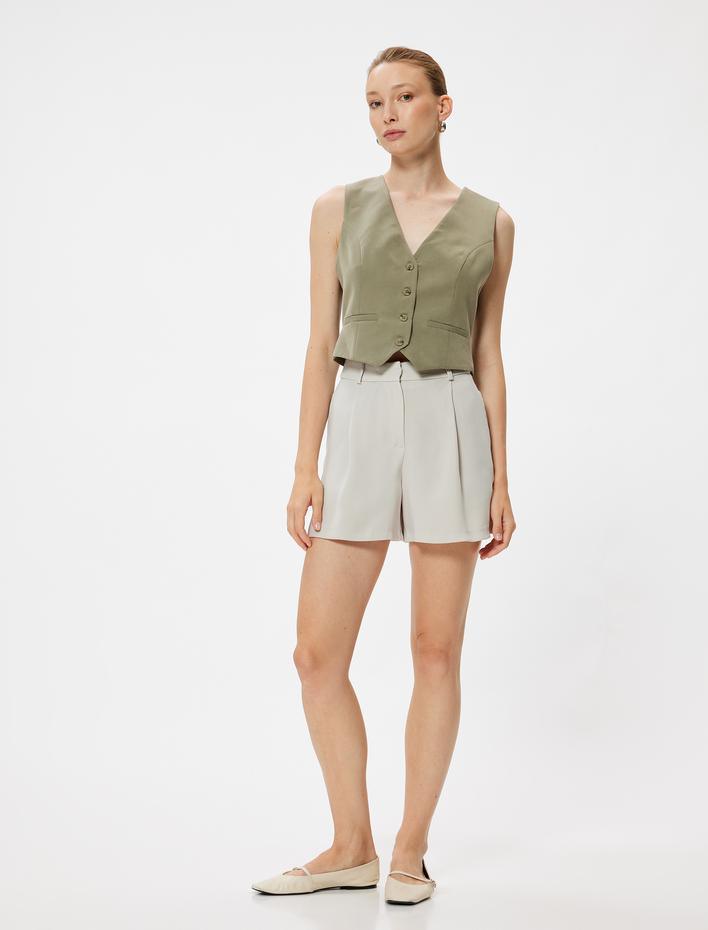  Mini Kumaş Şort Cepli Pile Detaylı Standart Bel