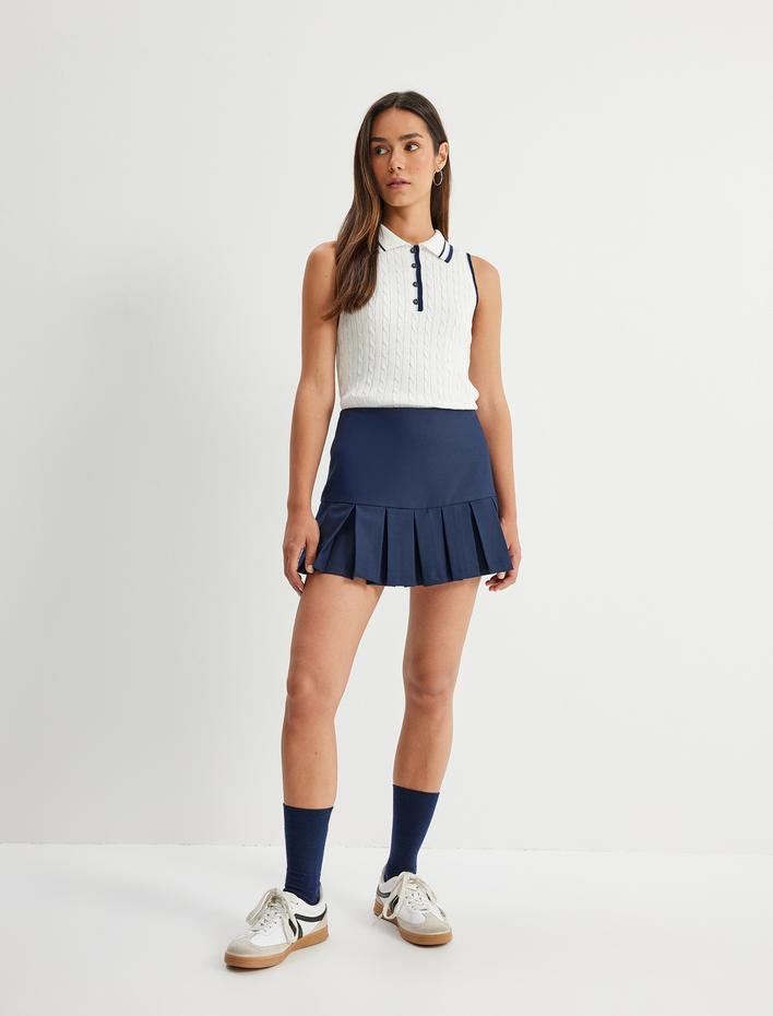  Düğme Detaylı Renk Kontrastlı Çizgili Kolsuz Polo Yaka Triko Üst