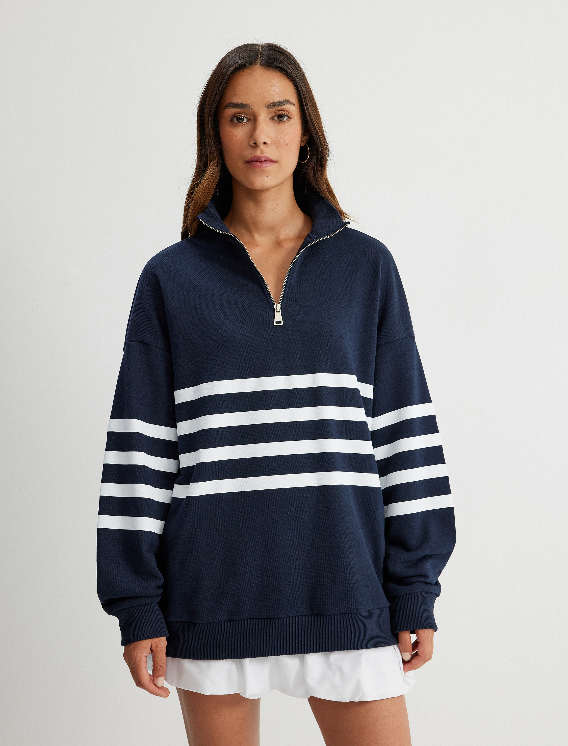   Dik Yaka Sweatshirt Oversize Yarım Fermuarlı Üç İplik Şardonlu