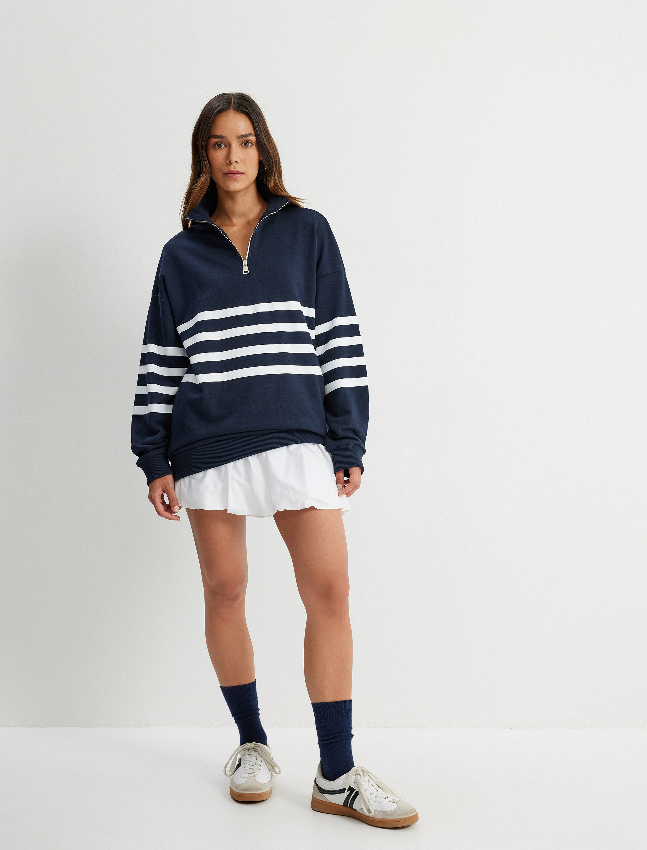   Dik Yaka Sweatshirt Oversize Yarım Fermuarlı Üç İplik Şardonlu