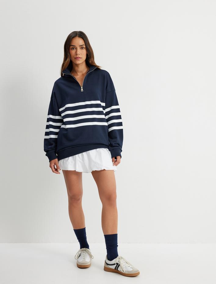  Dik Yaka Sweatshirt Oversize Yarım Fermuarlı Üç İplik Şardonlu