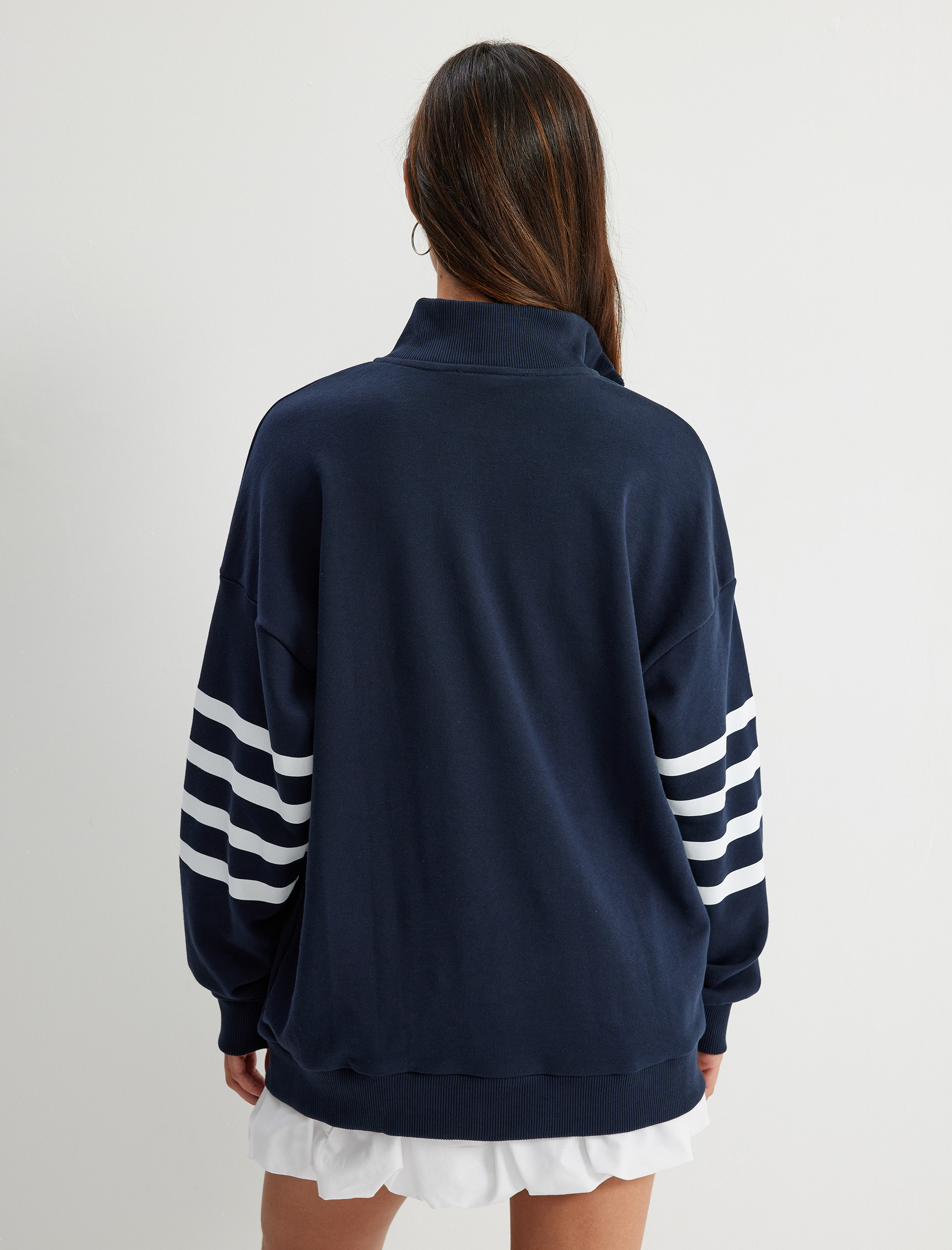   Dik Yaka Sweatshirt Oversize Yarım Fermuarlı Üç İplik Şardonlu