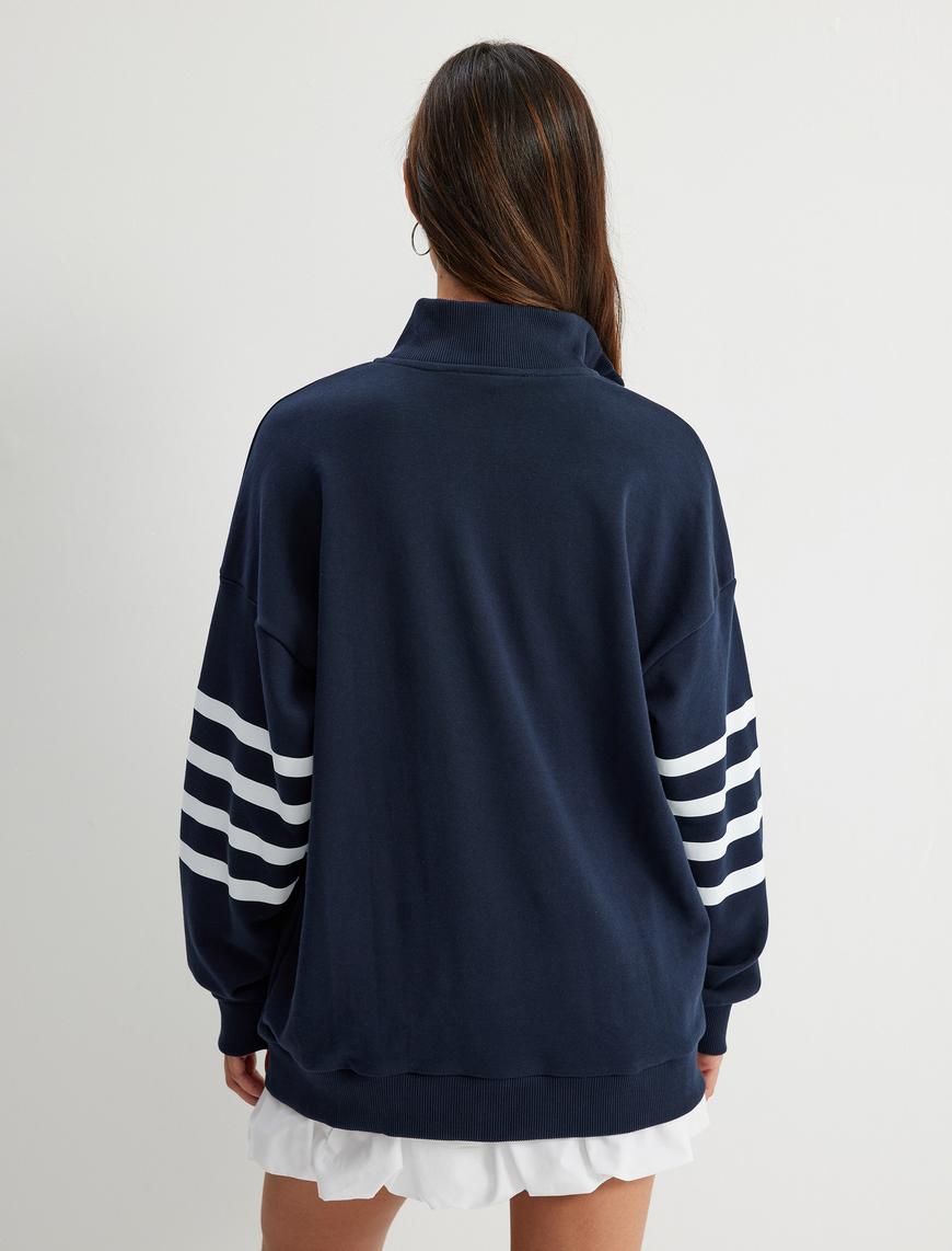   Dik Yaka Sweatshirt Oversize Yarım Fermuarlı Üç İplik Şardonlu