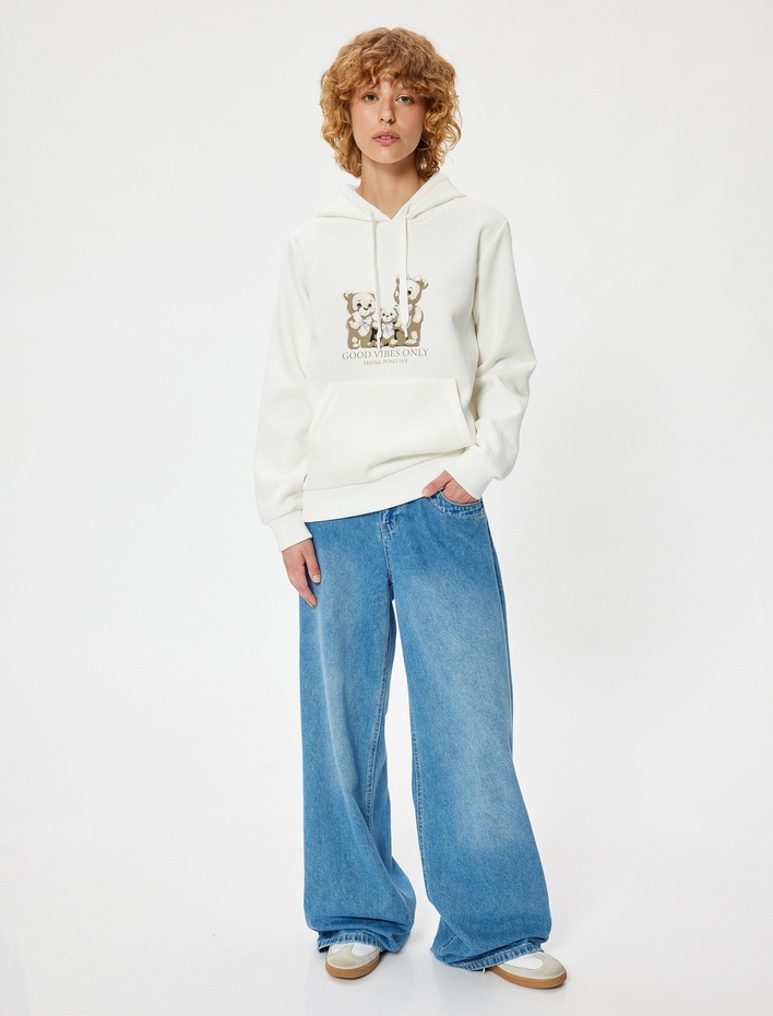  Oversize Kapüşonlu Sweatshirt Slogan Baskılı Kanguru Cepli Şardonlu