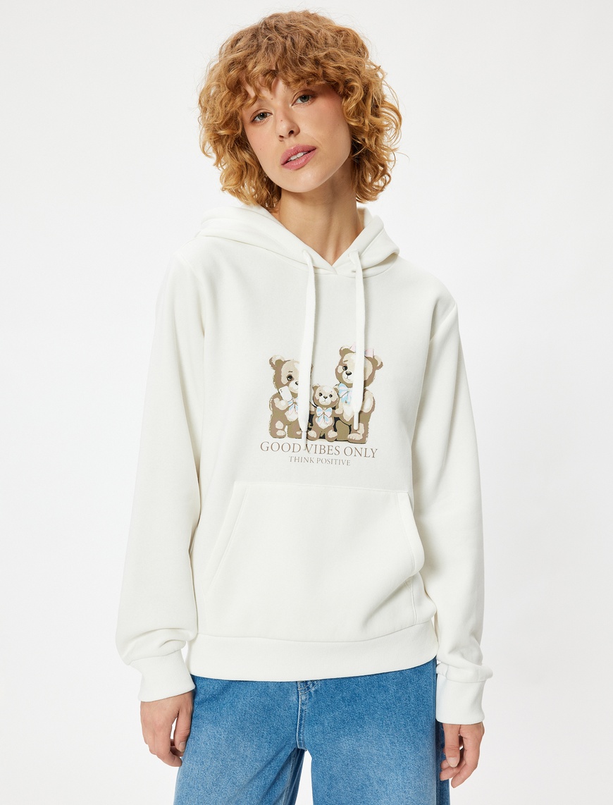   Oversize Kapüşonlu Sweatshirt Slogan Baskılı Kanguru Cepli Şardonlu