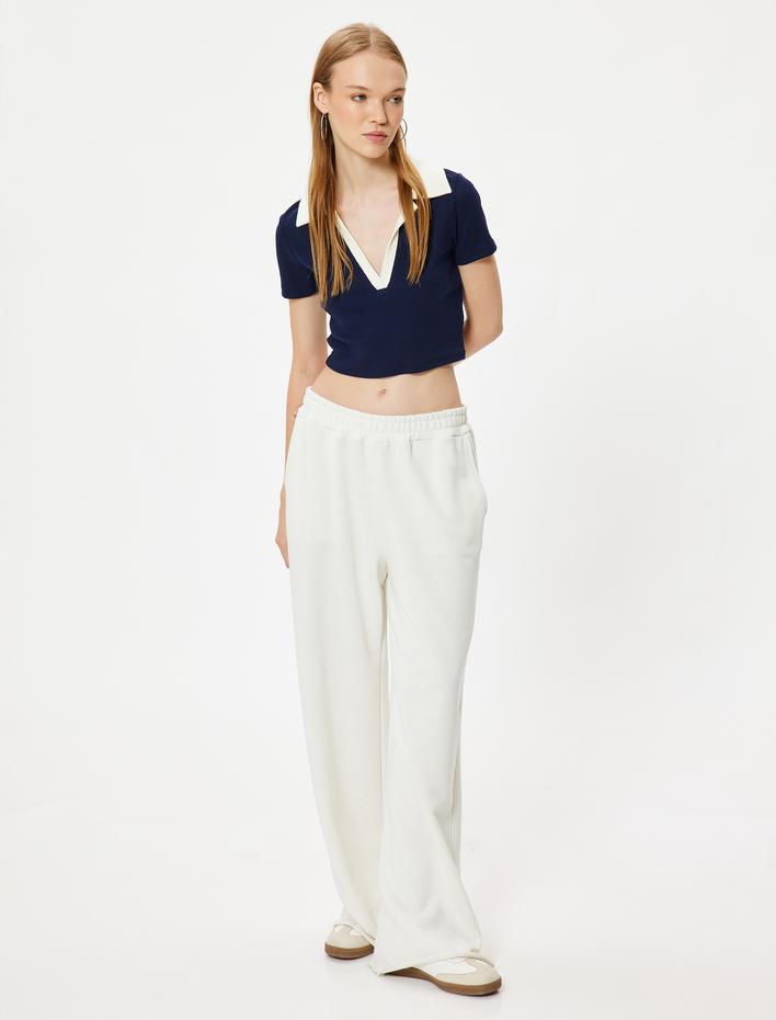  Crop Tişört Polo Yaka Düğmeli Kısa Kollu Biyeli Slim Fit