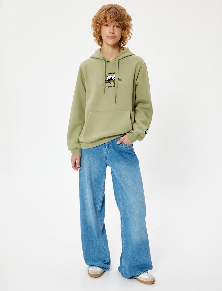  Şardonlu Oversize Kapüşonlu Sweatshirt Panda İşlemeli Kanguru Cepli