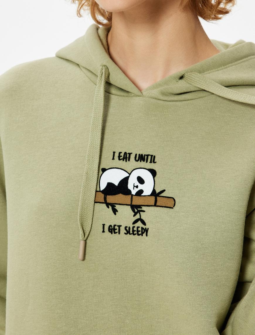   Oversize Kapüşonlu Sweatshirt Panda İşlemeli Kanguru Cepli