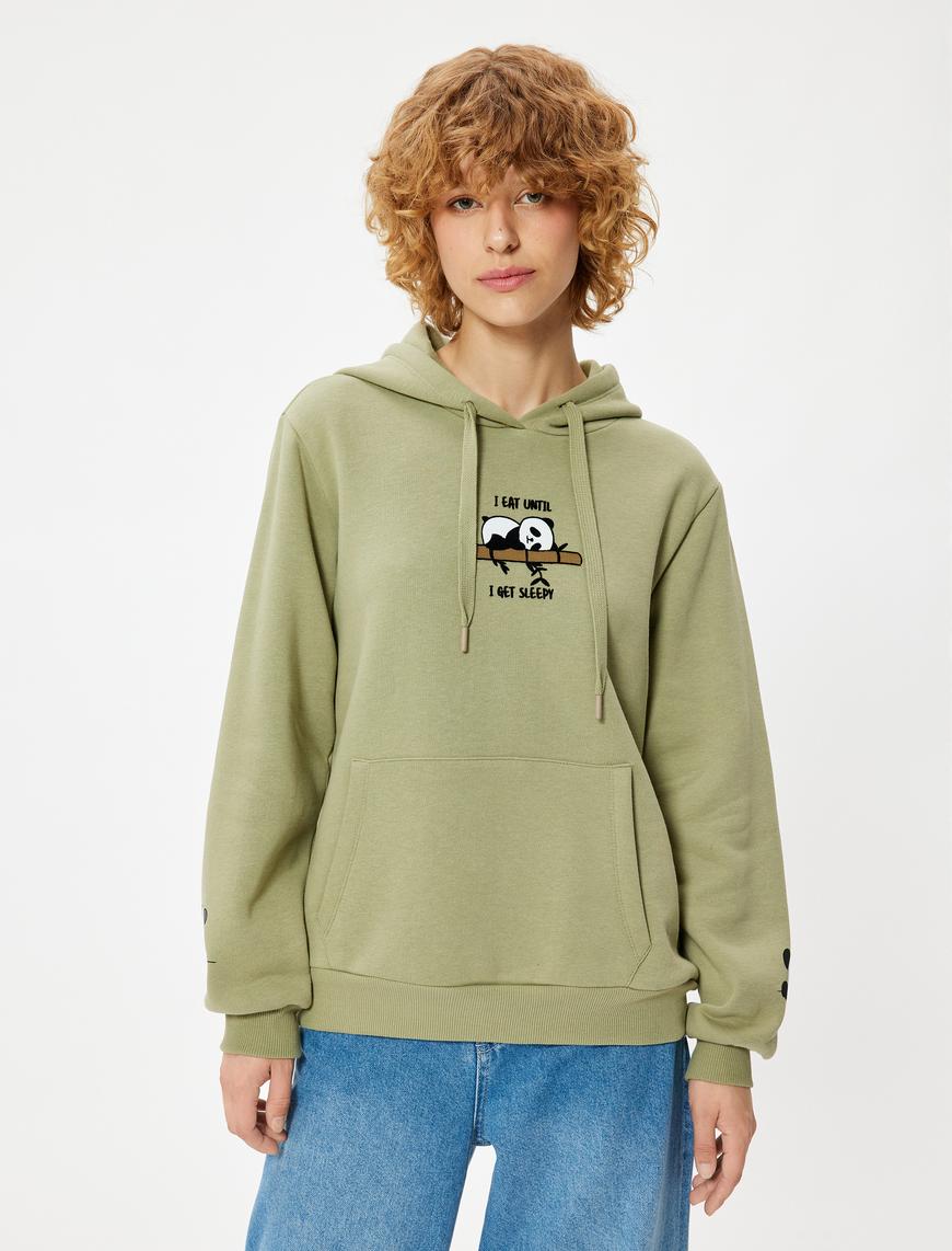   Oversize Kapüşonlu Sweatshirt Panda İşlemeli Kanguru Cepli