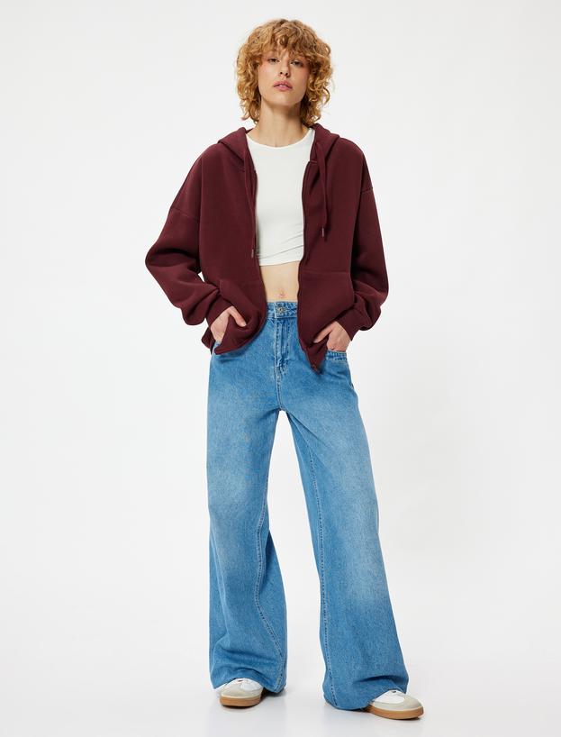 Oversize Fermuarlı Sweatshirt Yıldız İşlemeli Kanguru Cepli_1