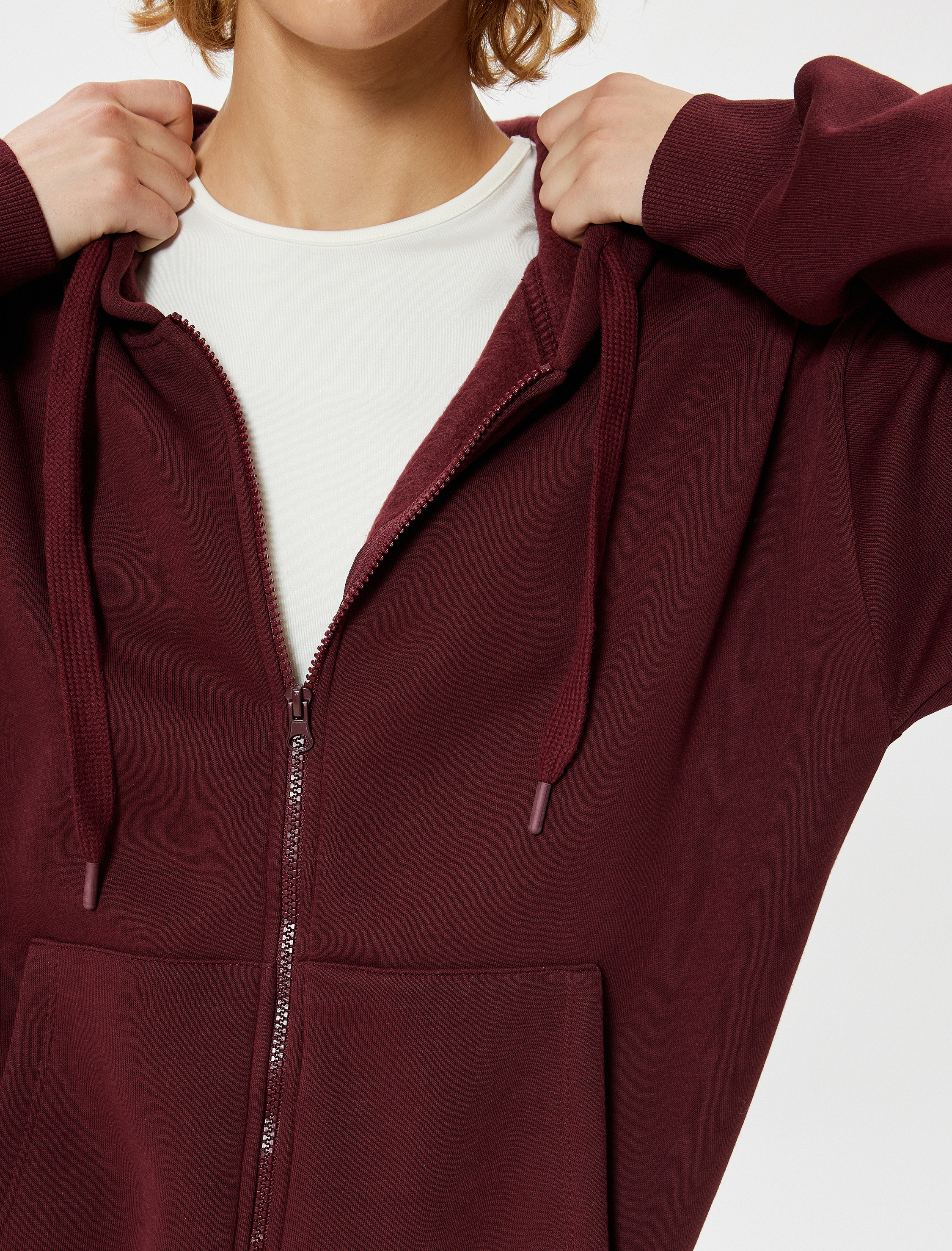   Şardonlu Oversize Fermuarlı Sweatshirt Yıldız İşlemeli Kanguru Cepli