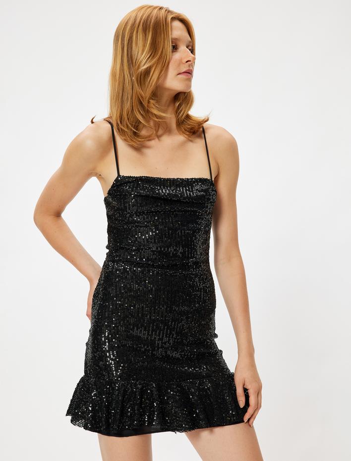  Abiye Elbise Mini Pullu Payetli İp Askılı Volanlı