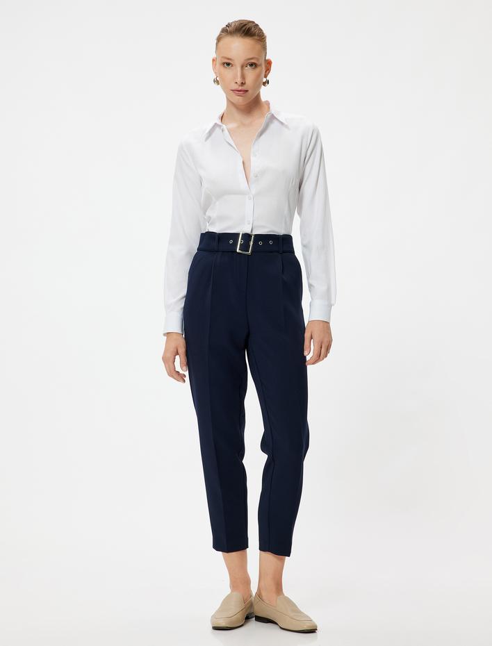  Cepli Yüksek Bel Kemer Detaylı Cigarette Pantolon