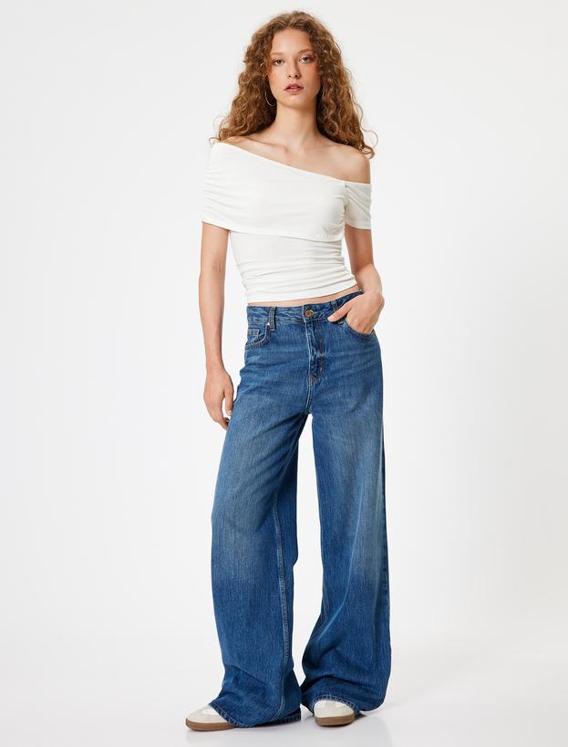 Kayık Yaka Tişört Drape Detaylı Slim Fit Kısa Kollu_1
