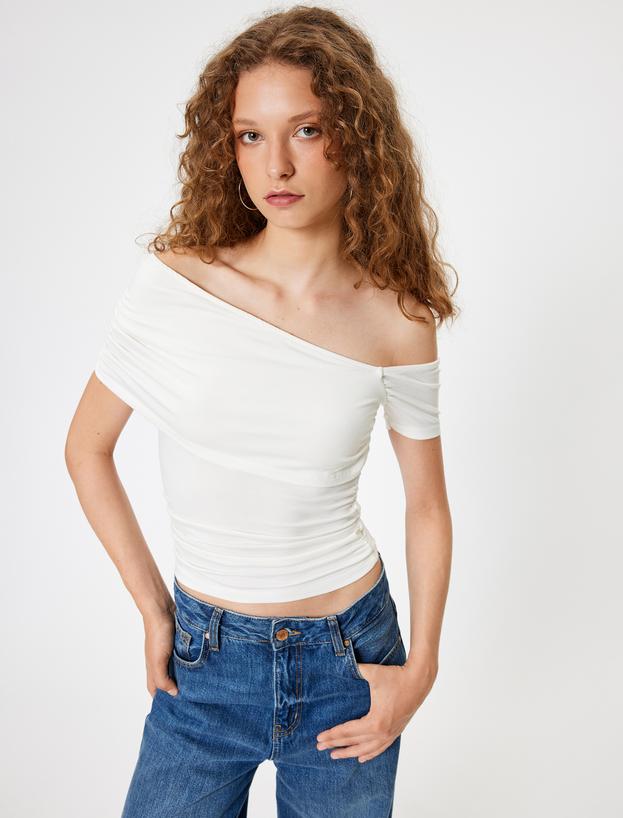 Kayık Yaka Tişört Drape Detaylı Slim Fit Kısa Kollu_0