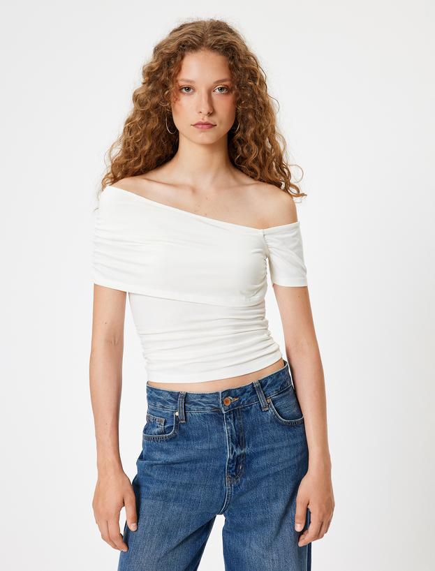 Kayık Yaka Tişört Drape Detaylı Slim Fit Kısa Kollu_2