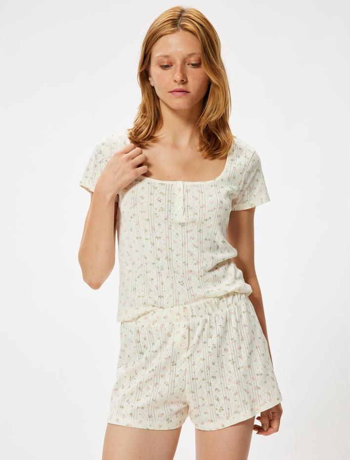  Çiçekli Şort Pijama Altı Ribanalı Pamuklu