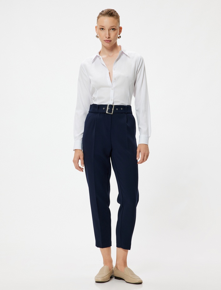  Cepli Yüksek Bel Kemer Detaylı Cigarette Pantolon