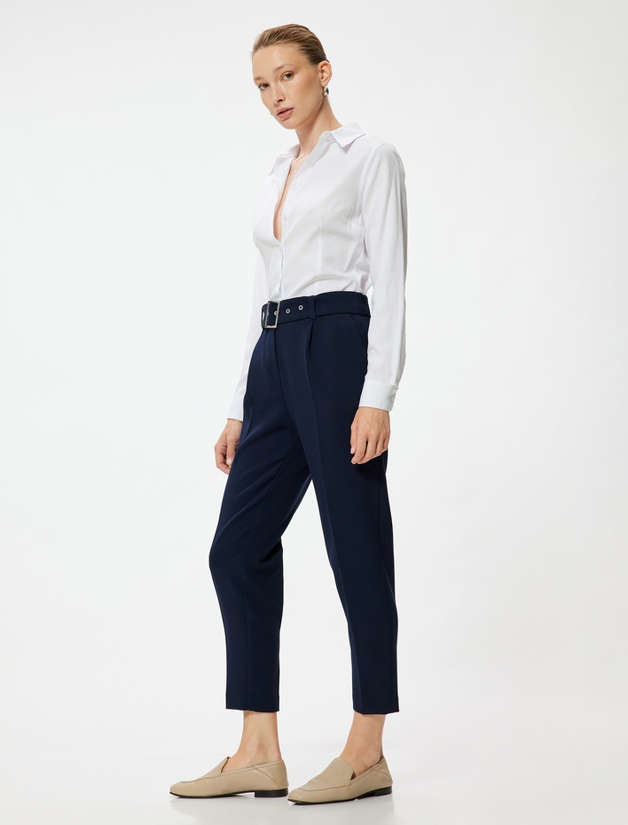  Cepli Yüksek Bel Kemer Detaylı Cigarette Pantolon