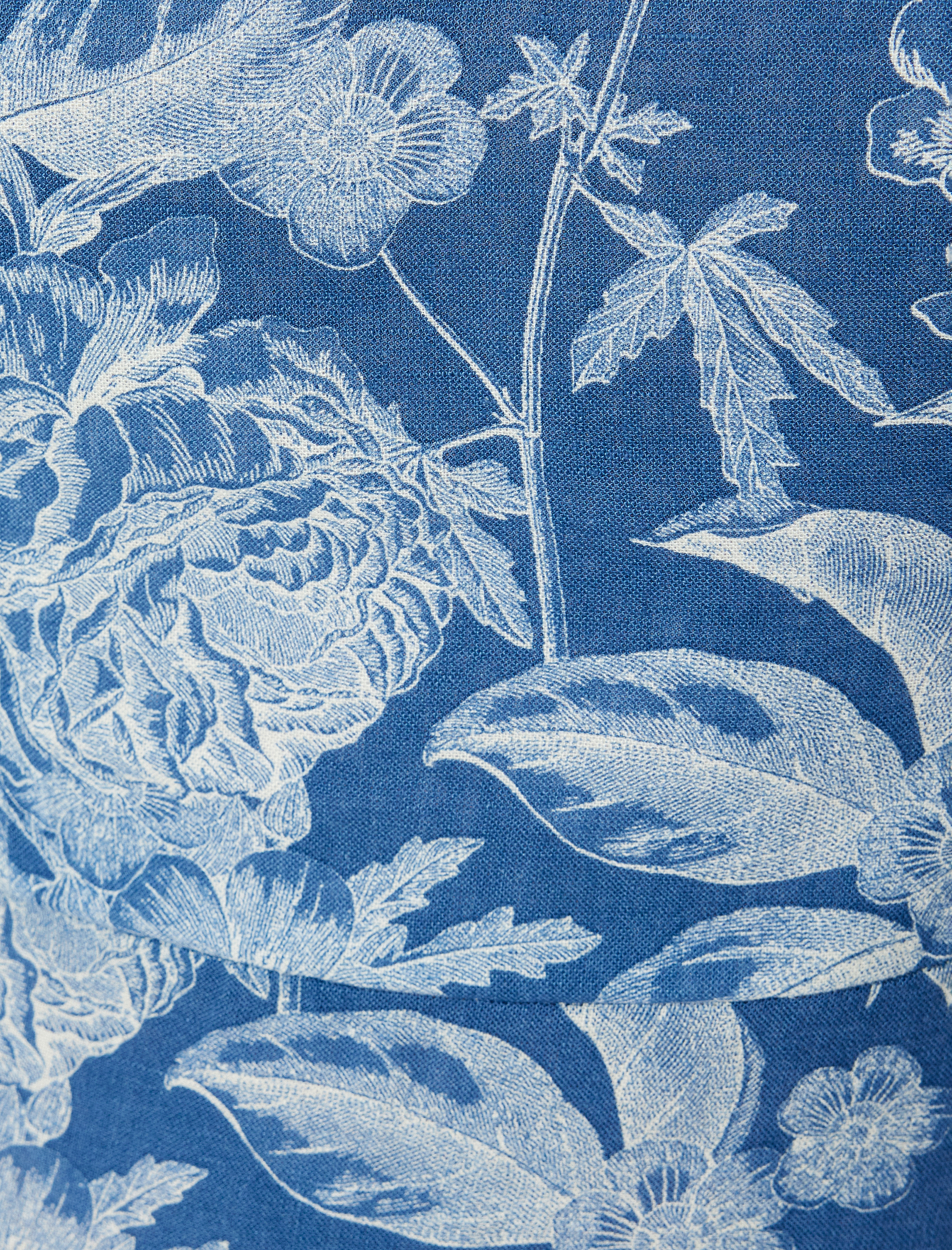   Çiçekli Boyundan Bağlamalı Elbise Midi Boy Keten Karışımlı Cepli