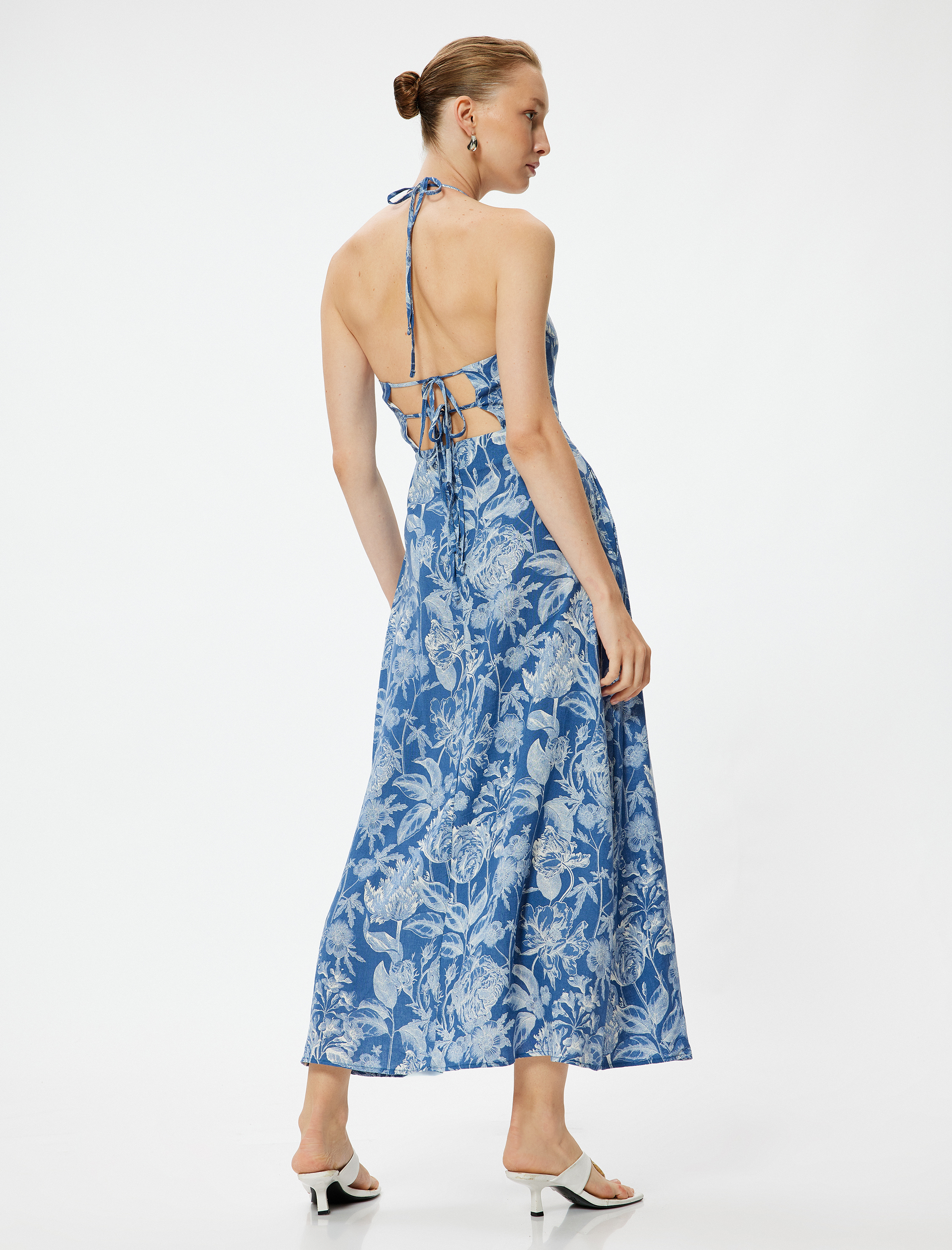   Çiçekli Boyundan Bağlamalı Elbise Midi Boy Keten Karışımlı Cepli