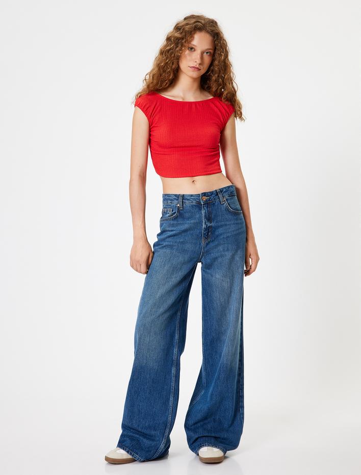  Crop Tişört Bürümcük Sırt Detaylı Kap Kol Kayık Yaka Slim Fit Bürümcük