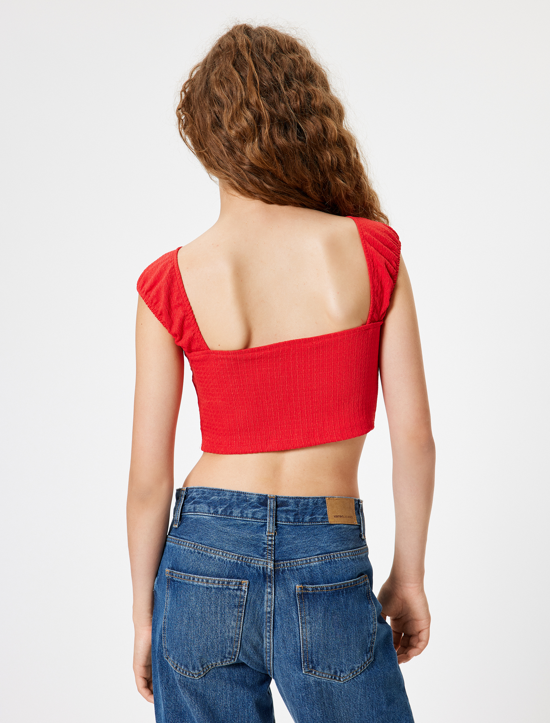   Crop Tişört Bürümcük Sırt Detaylı Kap Kol Kayık Yaka Slim Fit Bürümcük