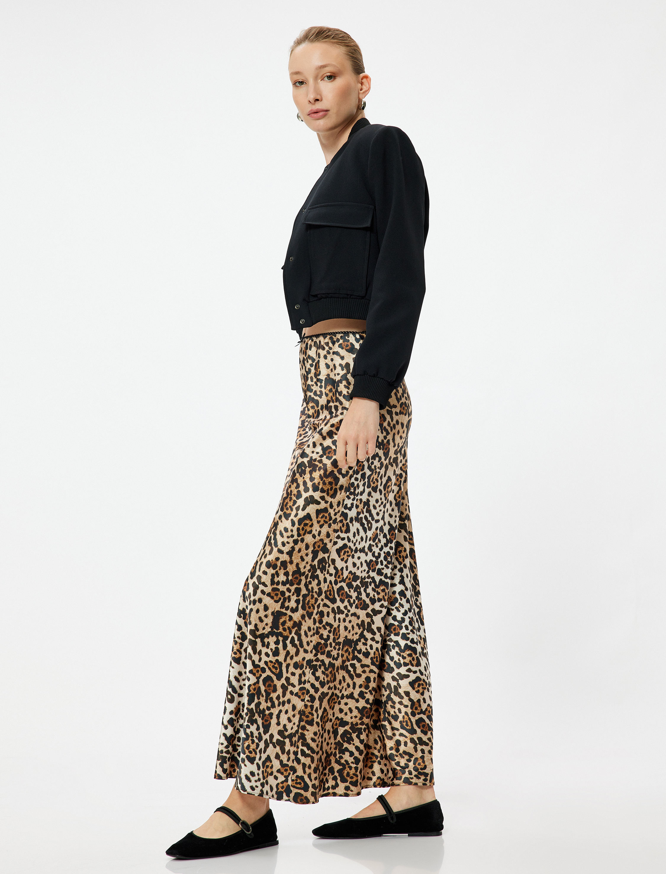   Uzun Saten Leopar Etek Standart Bel