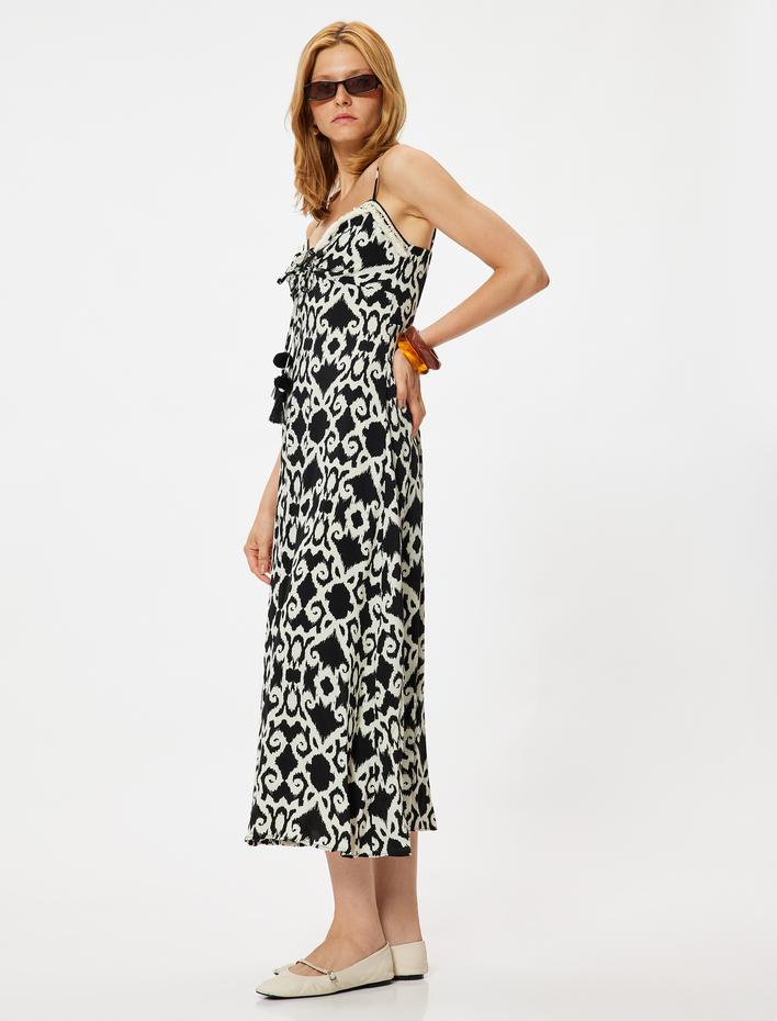  Midi Boy Askılı Viskon Elbise Etnik Desenli Önden Bağlama Detaylı