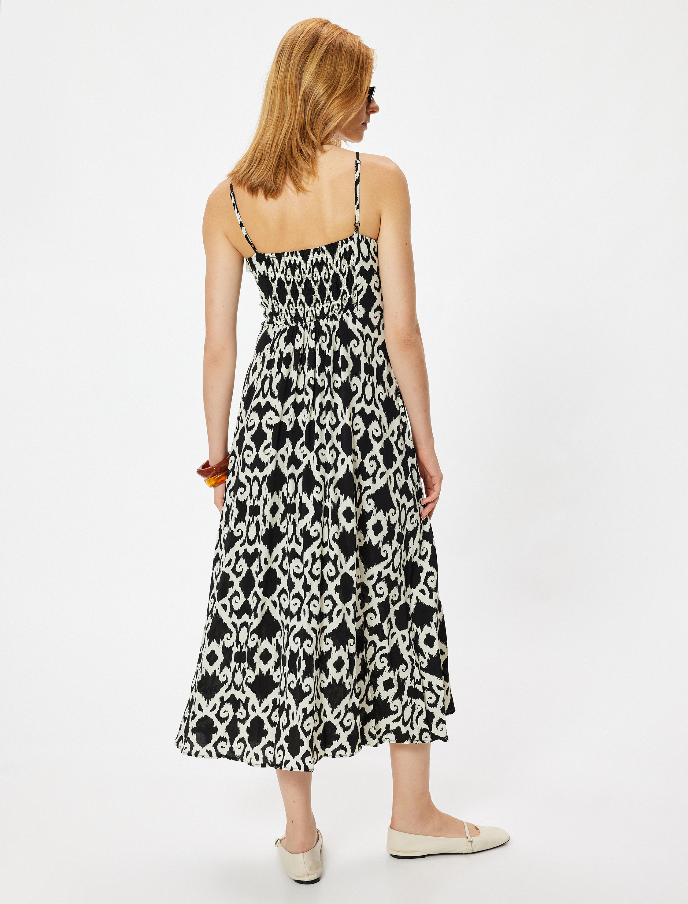   Midi Boy Askılı Viskon Elbise Etnik Desenli Önden Bağlama Detaylı