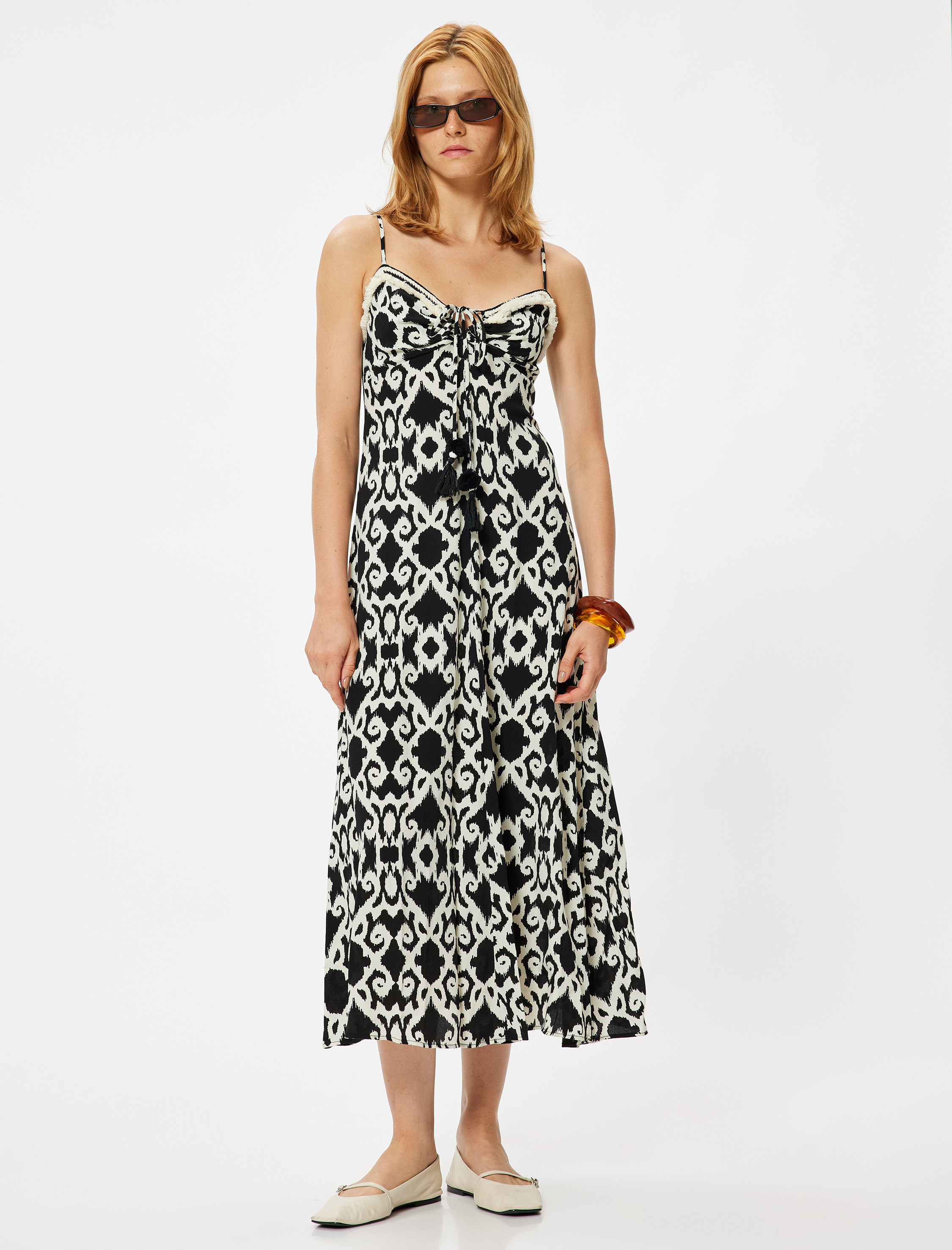   Midi Boy Askılı Viskon Elbise Etnik Desenli Önden Bağlama Detaylı