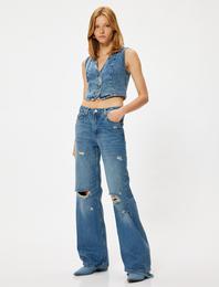 Geniş Paça Kot Pantolon Yıpratılmış Normal Bel Cepli Pamuklu - Wide Leg Jeans