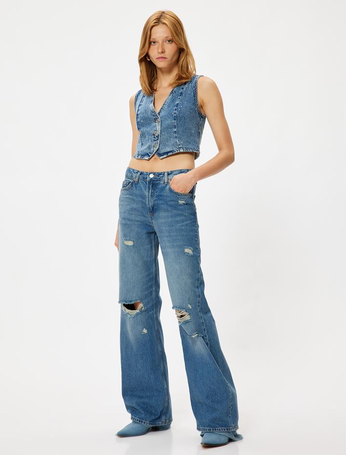  Geniş Paça Kot Pantolon Yıpratılmış Normal Bel Cepli Pamuklu - Wide Leg Jeans