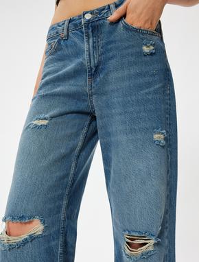 Geniş Paça Kot Pantolon Yıpratılmış Normal Bel Cepli Pamuklu - Wide Leg Jeans_4