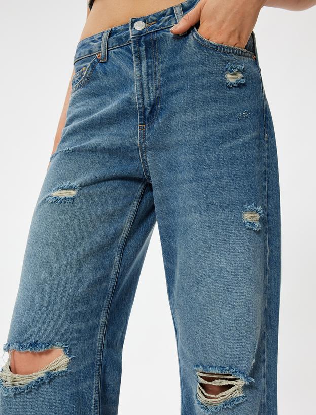 Geniş Paça Kot Pantolon Yıpratılmış Normal Bel Cepli Pamuklu - Wide Leg Jeans_4